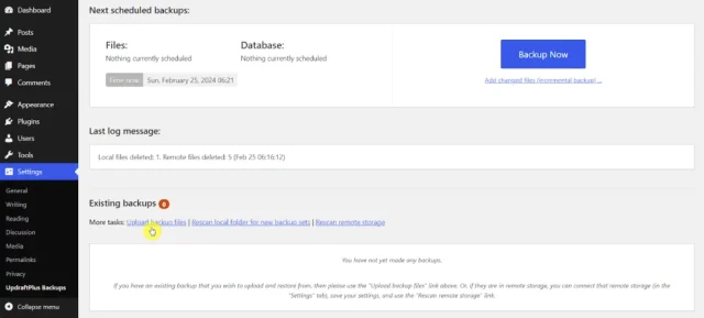 In the 'Existing backup' section select 'Upload backup files'