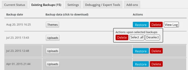 Existing backups delete options