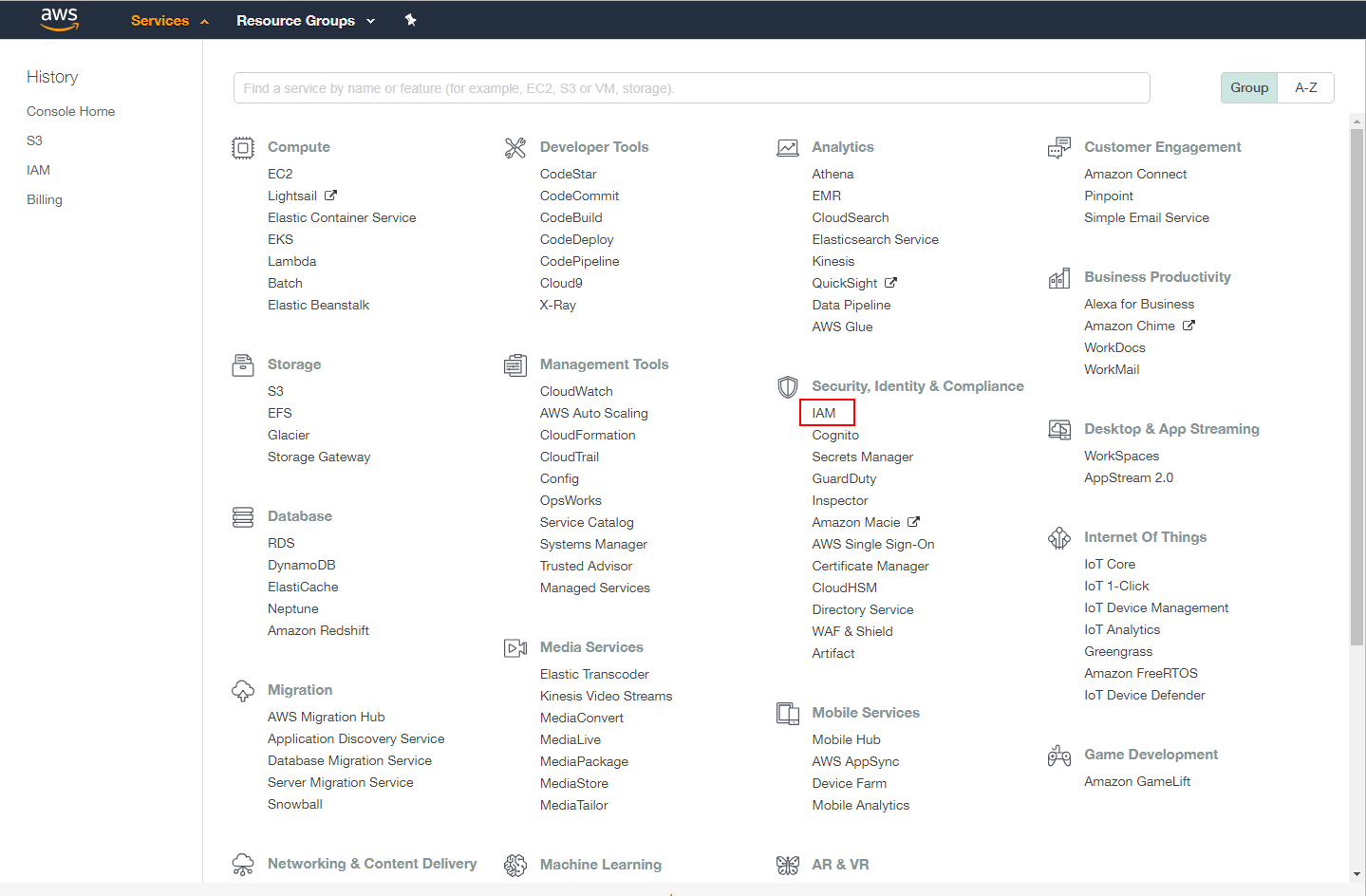 Finding the Identity and Access Management (IAM) console in Amazon AWS