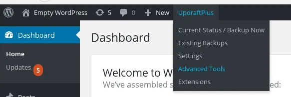 In the WordPress navbar, select 'UpdraftPlus' then select 'Advanced tools' from the menu