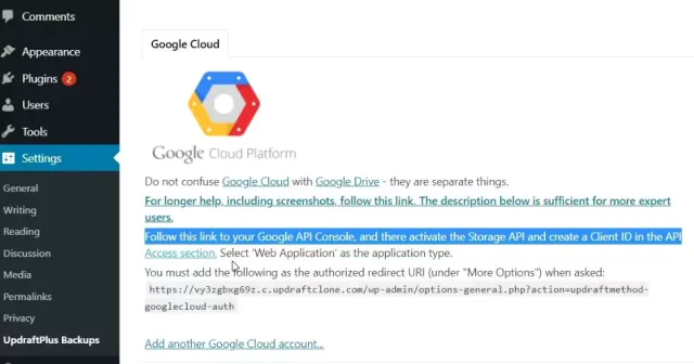 In the Google Cloud tab, follow the link to Google API Console