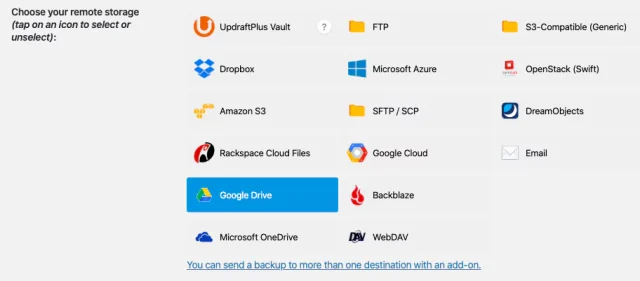 Choose 'Google Drive' in the 'Choose your remote storage' section