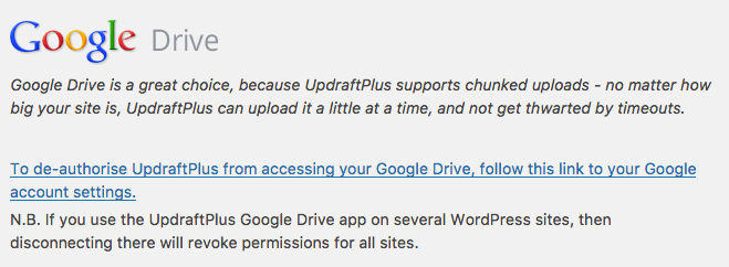 Follow the link under the Google Drive section to de-authorize UpdraftPlus