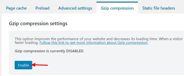 In 'Gzip compression' tab select 'Enable' button