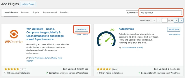 Search for WP-Optimize in the WordPress plugin directory, then select 'Install now' button