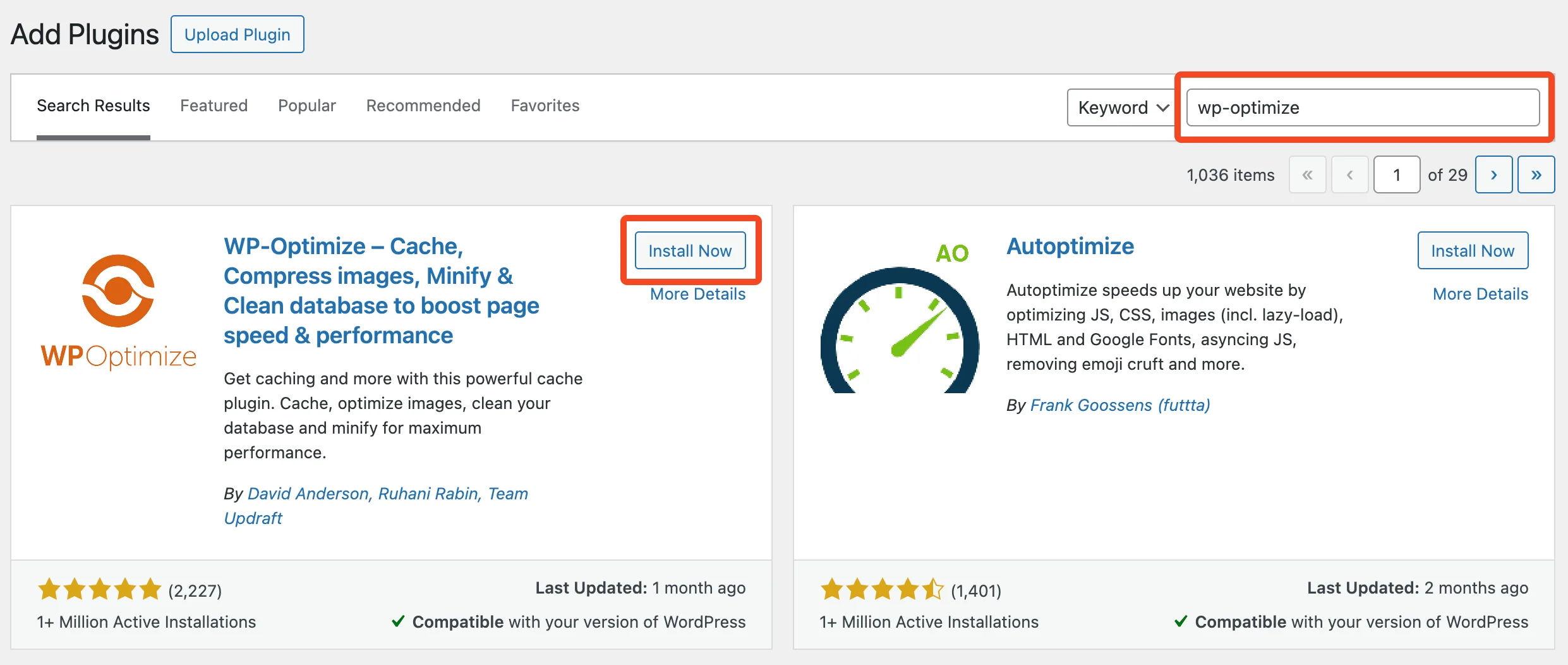 Search for WP-Optimize in the WordPress plugin directory, then select 'Install now' button