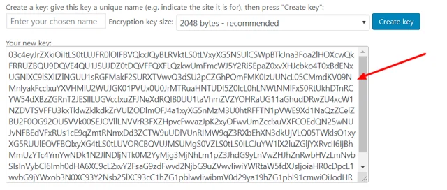 From the 'Your new key' box, copy the key