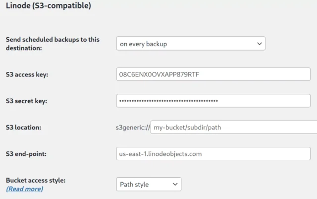 Linode (S3-compatible) settings