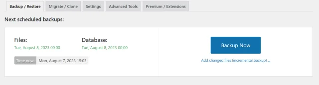 UpdraftPlus 'Backup/Restore' tab