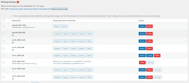 Existing backups log page