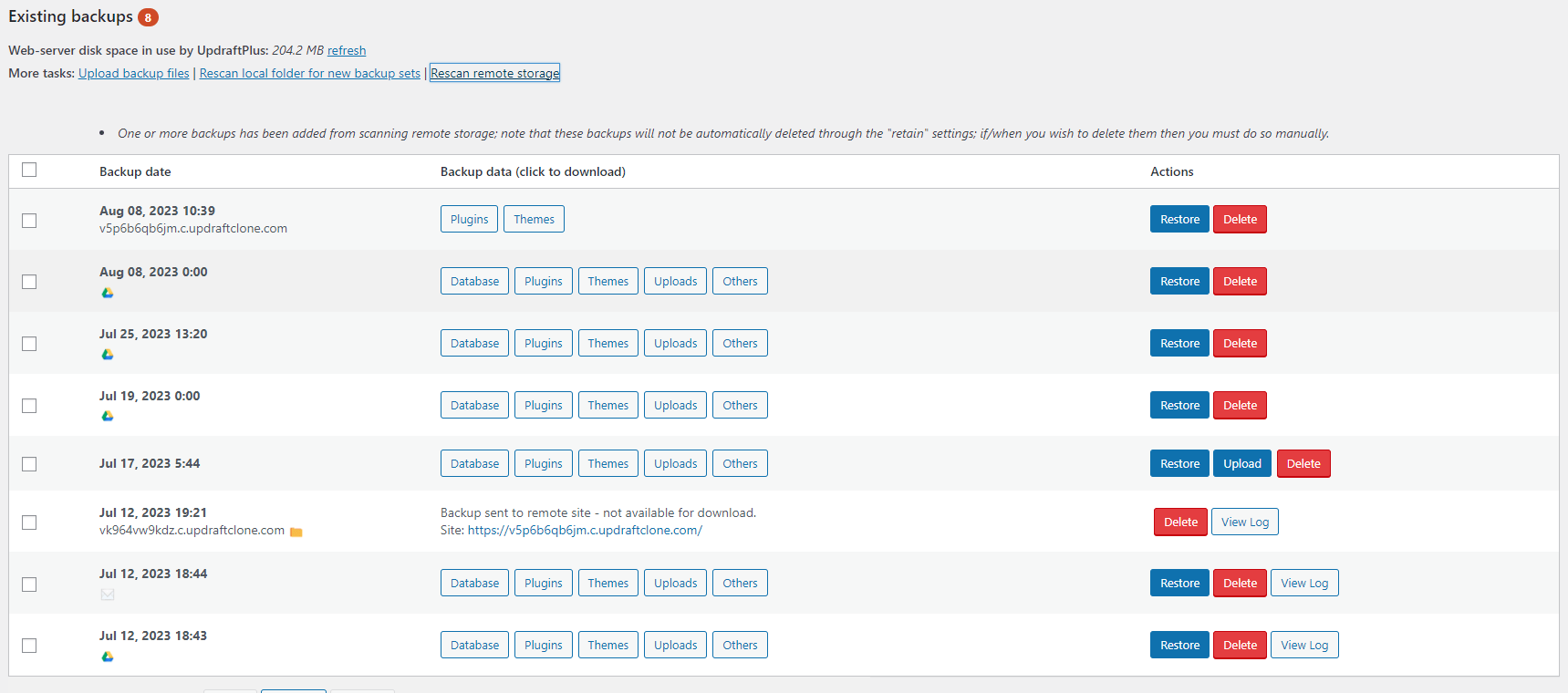 Existing backups log page