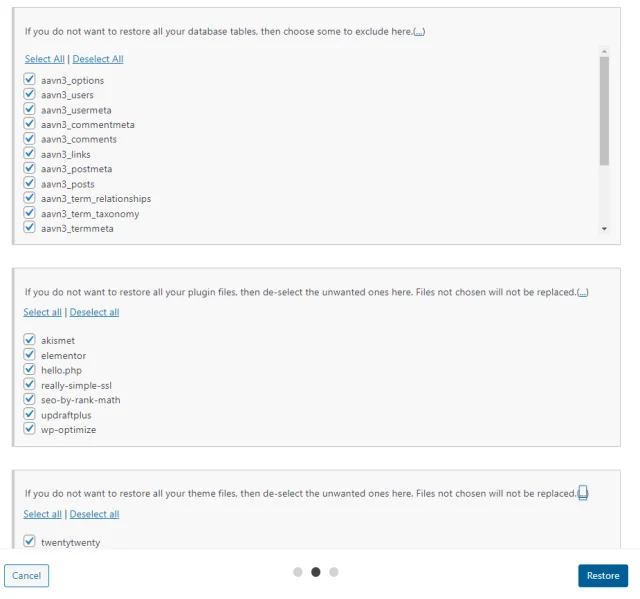 Choose which items to restore from the options, then select 'Restore' button