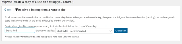 In the 'Receive a backup from a remote site' section create a key by inputting it, then select 'Create key' button