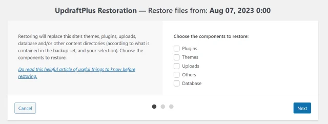 UpdraftPlus restoration wizard