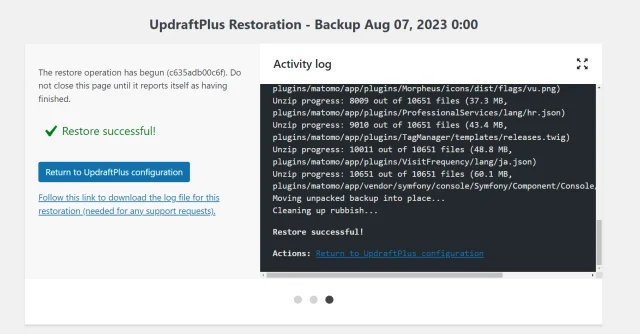 UpdraftPlus 'Restore successful' alert