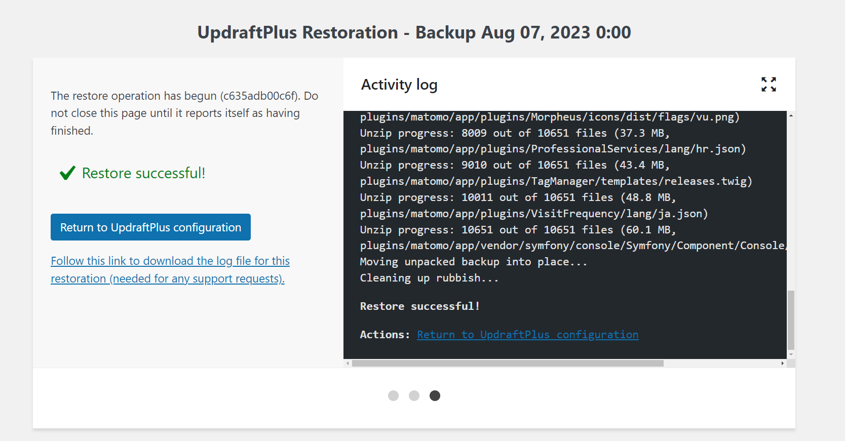 UpdraftPlus 'Restore successful' alert