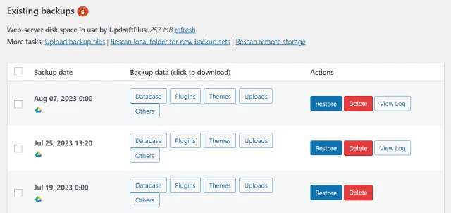 Existing backups page
