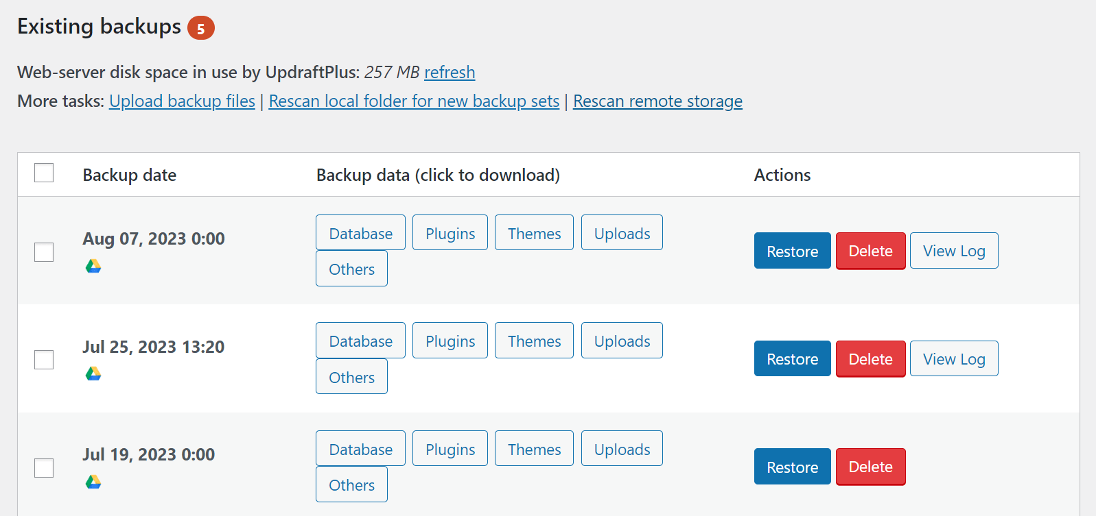 Existing backups page