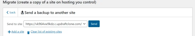 Add the site URL in the 'Send to site' section and select 'Send' button
