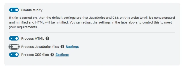 Disable the toggle for 'Process JavaScript files'