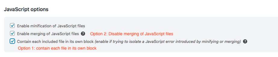 In 'JavaScript options', first try to tick the third option, if that doesn't work, untick the second option
