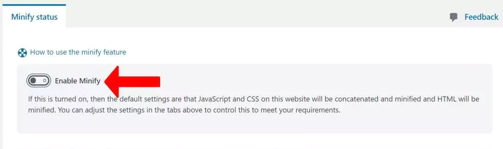 Select 'Enable Minify' toggle in the 'Minify status' tab