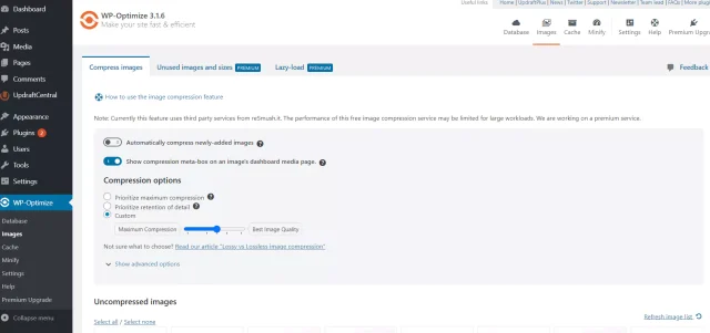 New project compression options in WP-Optimize