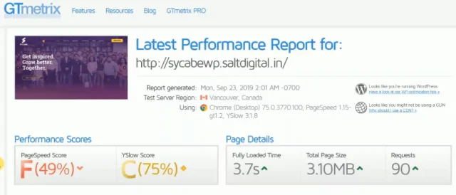 GTmetrix performance report with 'F' grade