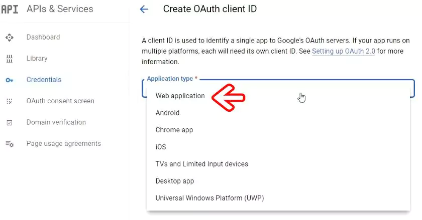 In the 'Create OAuth client ID' page, select 'Web application' in the application type dropdown