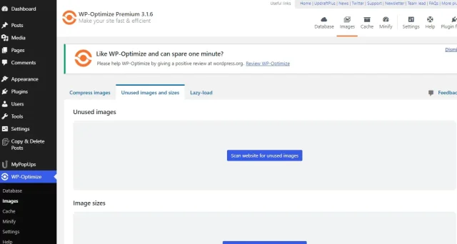 'Unused images and sizes' tab