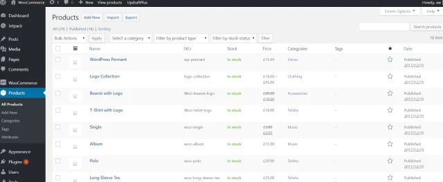 WordPress 'Products' page