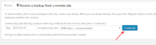 In the 'Receive backup from a remote site' select 'Create key' button