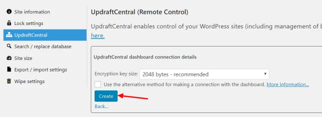 In the UpdraftCentral page, select 'Create' button