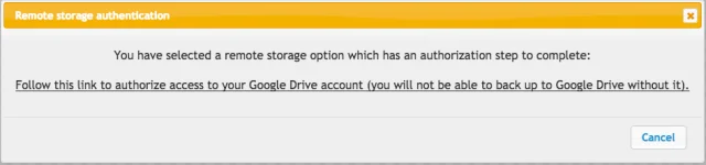 In the 'Remote storage authentication' pop-up follow the link to authorize access to Google Drive account