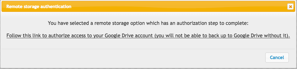 In the 'Remote storage authentication' pop-up follow the link to authorize access to Google Drive account