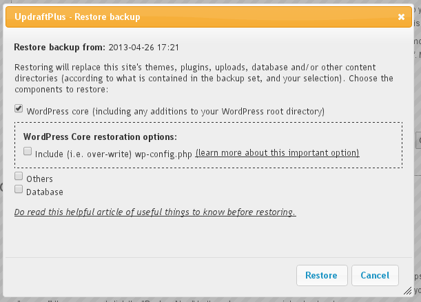 UpdraftPlus Restore wp-config.php option