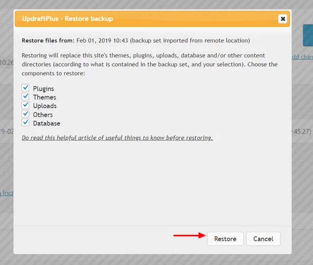 Select 'Restore' button after selecting the items you would like to restore in the 'Restore backup' dialogue