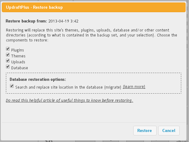 Restore backup dialogue popup