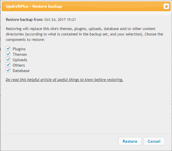 Select the items you would like to restore from the 'Restore backup' window, then select 'Restore' button