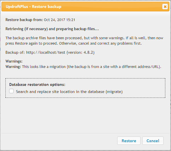 select 'Restore' button in the 'Restore backup' dialogue
