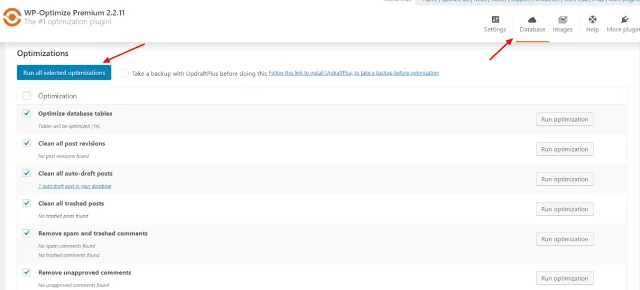 In the Database page, select 'Run all selected optimizations' button in the 'Optimizations' section