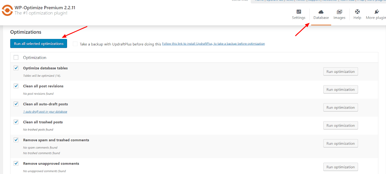 In the Database page, select 'Run all selected optimizations' button in the 'Optimizations' section