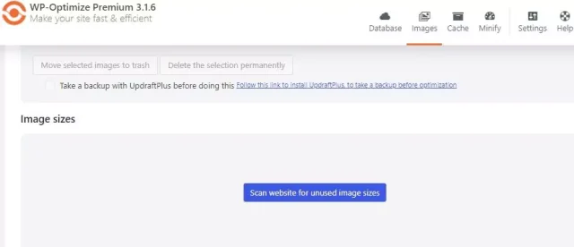 WP-Optimize 'Scan website for unused image sized' option