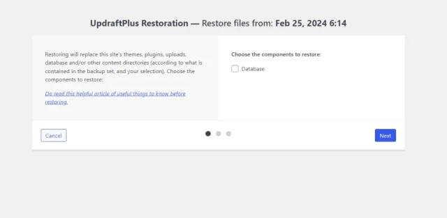 Choose the components to restore then select 'Next' button
