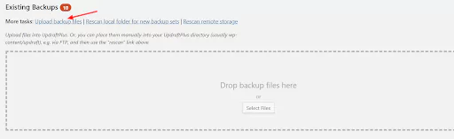 In the 'Existing backups' tab, select the 'Upload backup files' from 'More tasks' section