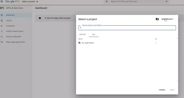In the 'Select a project' pop-up, select 'New Project' button