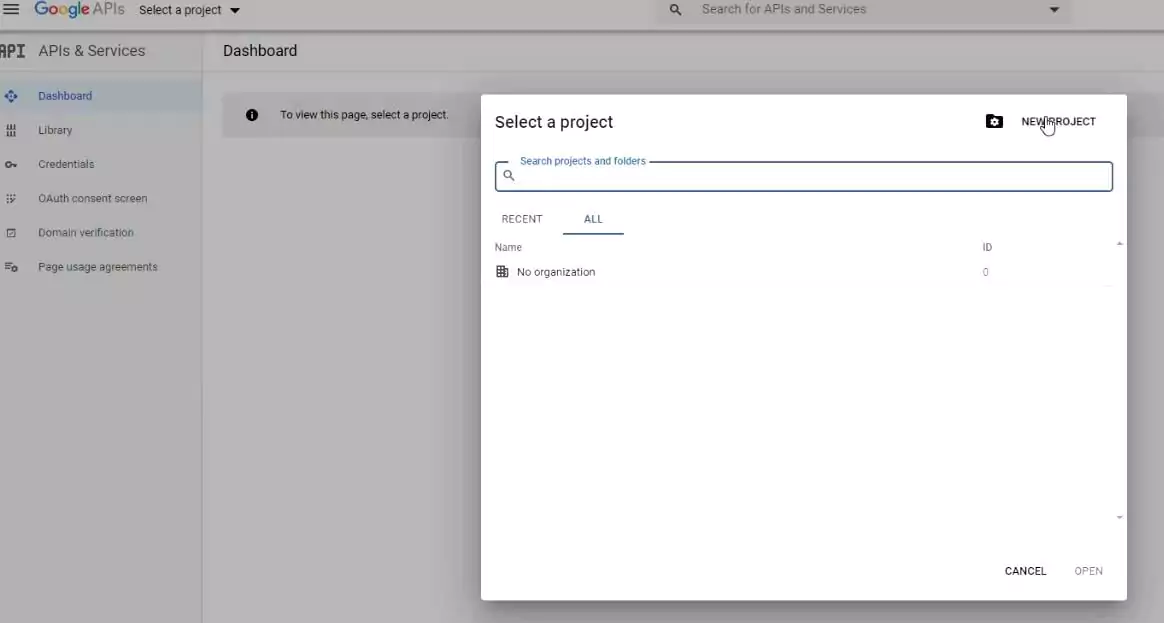 In the 'Select a project' pop-up, select 'New Project' button