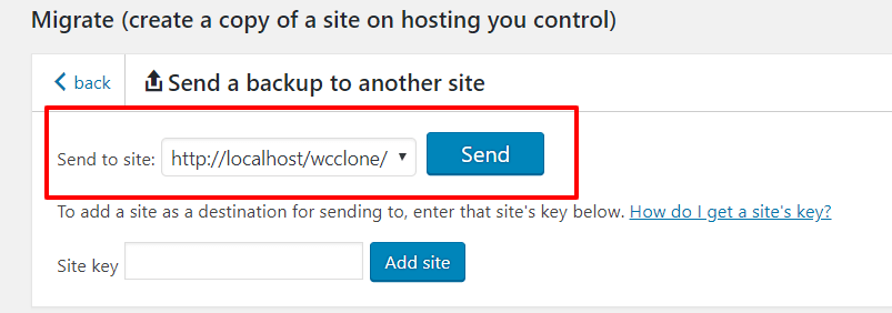 In the 'Send to site' section, add the URL of the website, then select 'Send' button