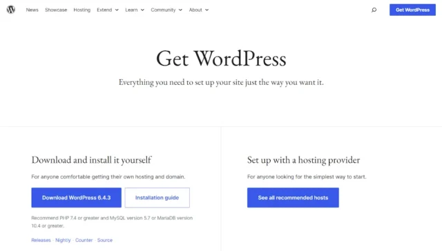 Showing WordPress core download