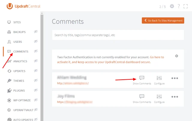 Navigate to 'Comments' in sidebar, then select 'Show comments' button for the website